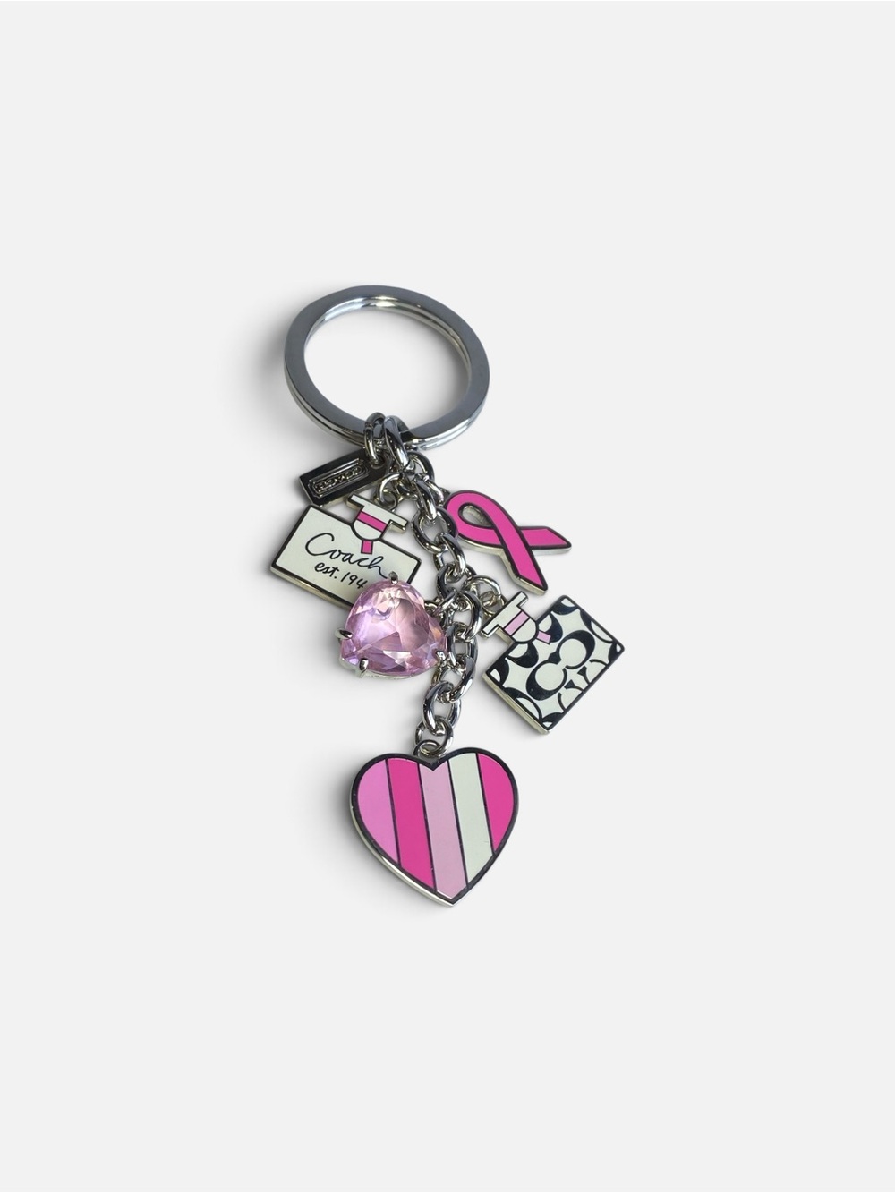 Coach Pink Striped Heart & Ribbon Charm Key Ring BCA Breast Cancer Awareness